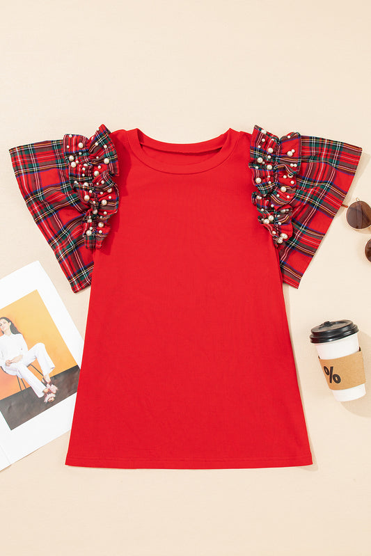 Red Plaid Ruffle Sleeve Top with Pearl Embellishments – Festive Statement Tee