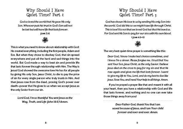 “Quiet-Time Devotions for Girls book cover – JoAnne Simmons”

“Inside page sample showing daily devotional layout with scripture and reflection”

“Side view of paperback devotional with 180 devotions for girls age 8-12”