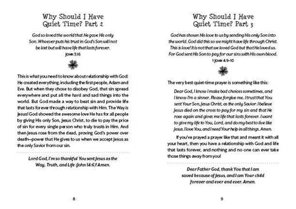 “Quiet-Time Devotions for Girls book cover – JoAnne Simmons”

“Inside page sample showing daily devotional layout with scripture and reflection”

“Side view of paperback devotional with 180 devotions for girls age 8-12”