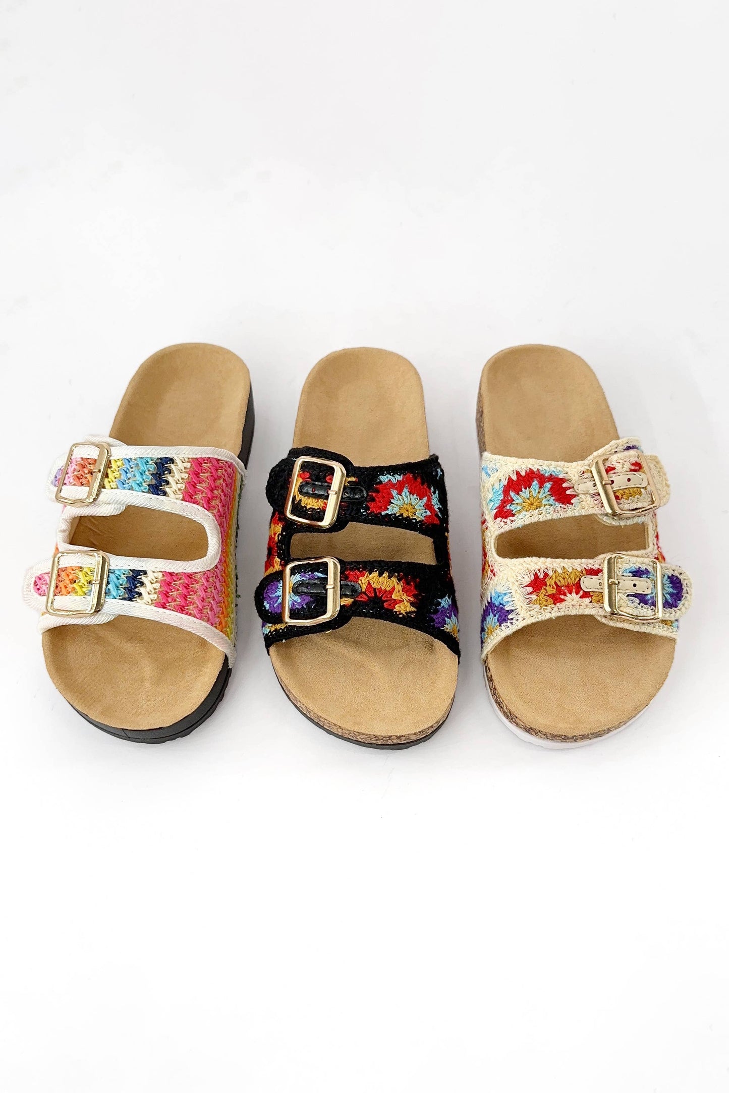 BACON COLORFUL CROCHET KNIT DOUBLE STRAP CORK SLIDE SANDAL