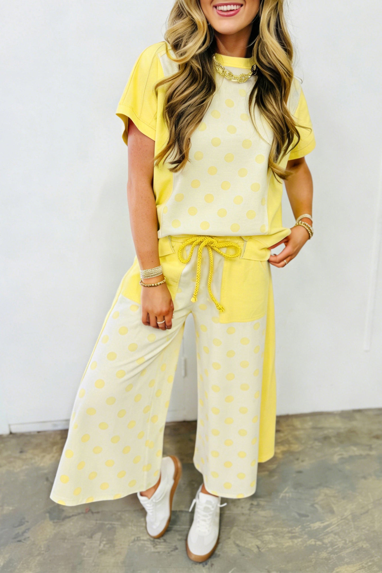 ~PREORDER ~ Yellow Color Block Patchwork Polka Dot Wide Leg Pant Set ~PREORDER ~