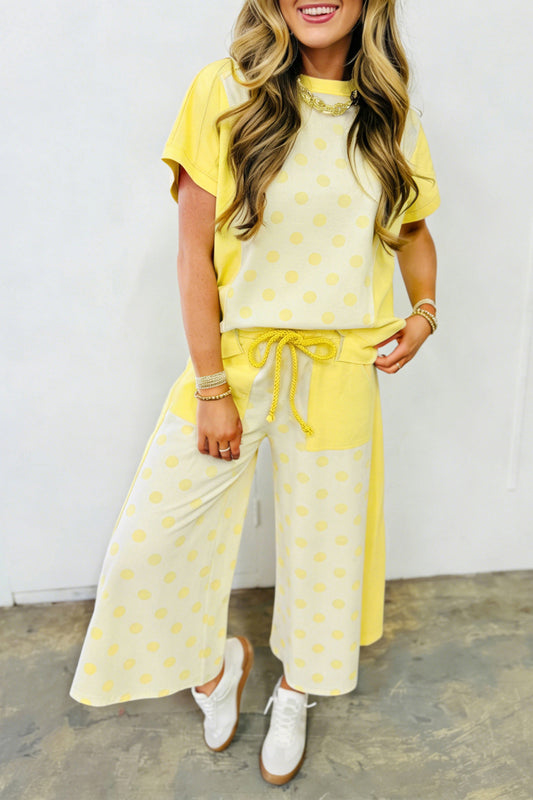 ~PREORDER ~ Yellow Color Block Patchwork Polka Dot Wide Leg Pant Set ~PREORDER ~