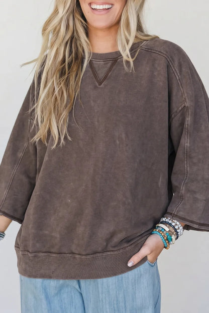 ~PREORDER~ Dark Brown 3/4 Sleeve Mineral Wash Loose Cotton Top ~PREORDER~