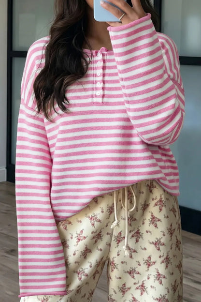 ~PREORDER~ Pretty in Pink Stripe Button Henley Sweater ~PREORDER~