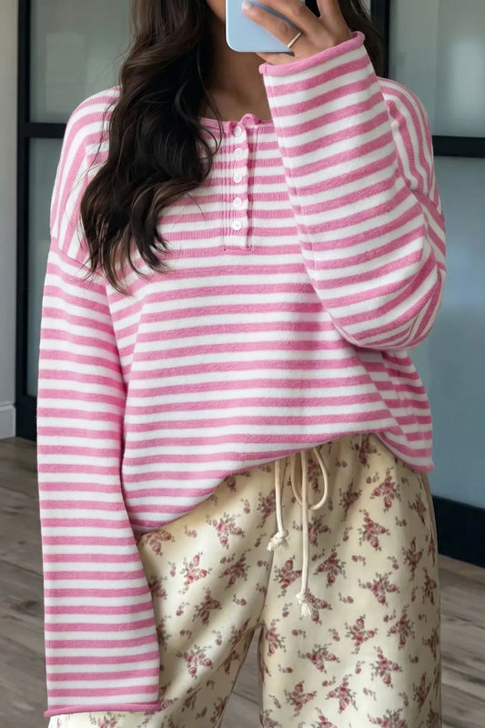 ~PREORDER~ Pretty in Pink Stripe Button Henley Sweater ~PREORDER~