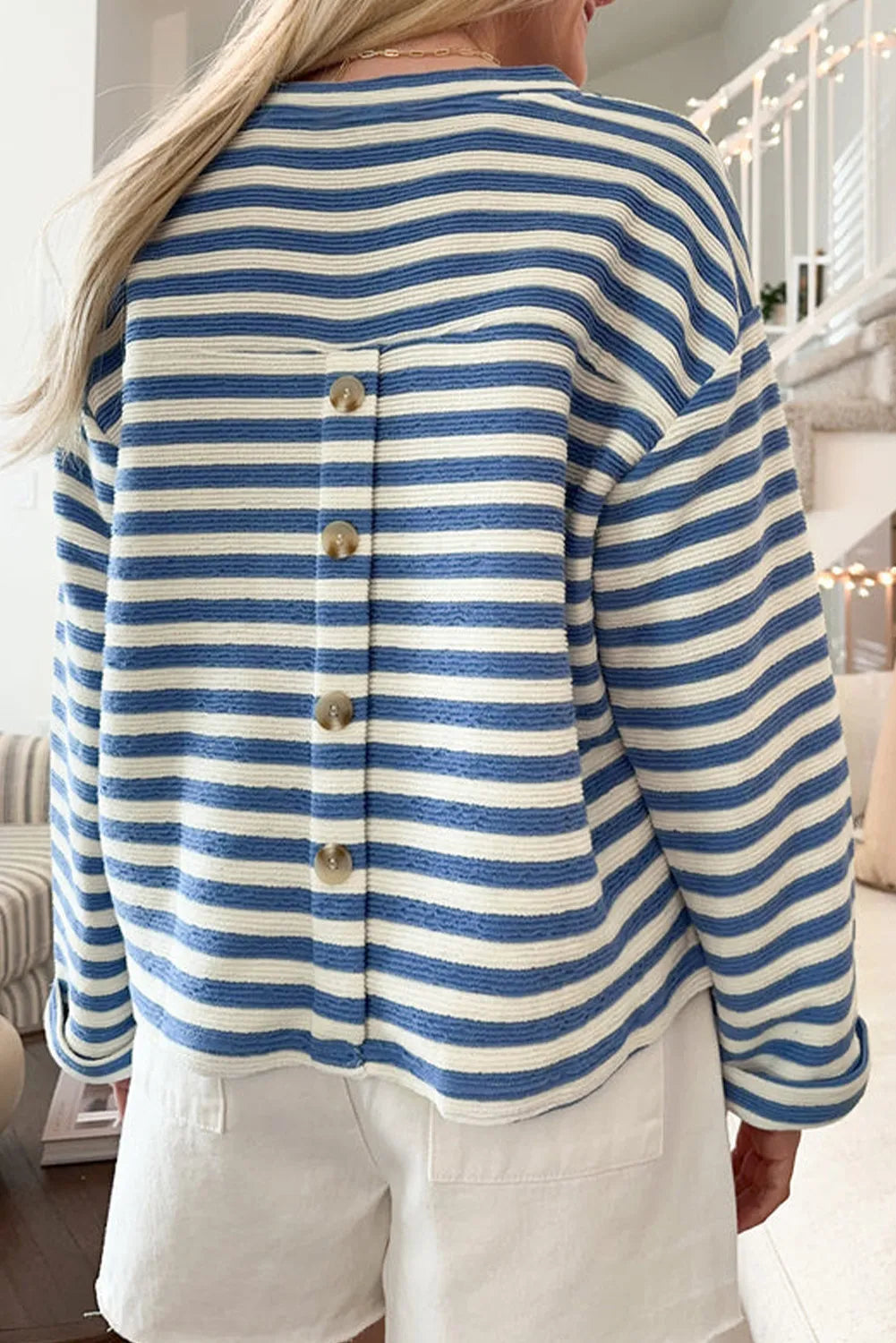 ~PREORDER~ Sky Blue Stripe Chest Pocket Button Back Notched V Neck Top ~PREORDER~