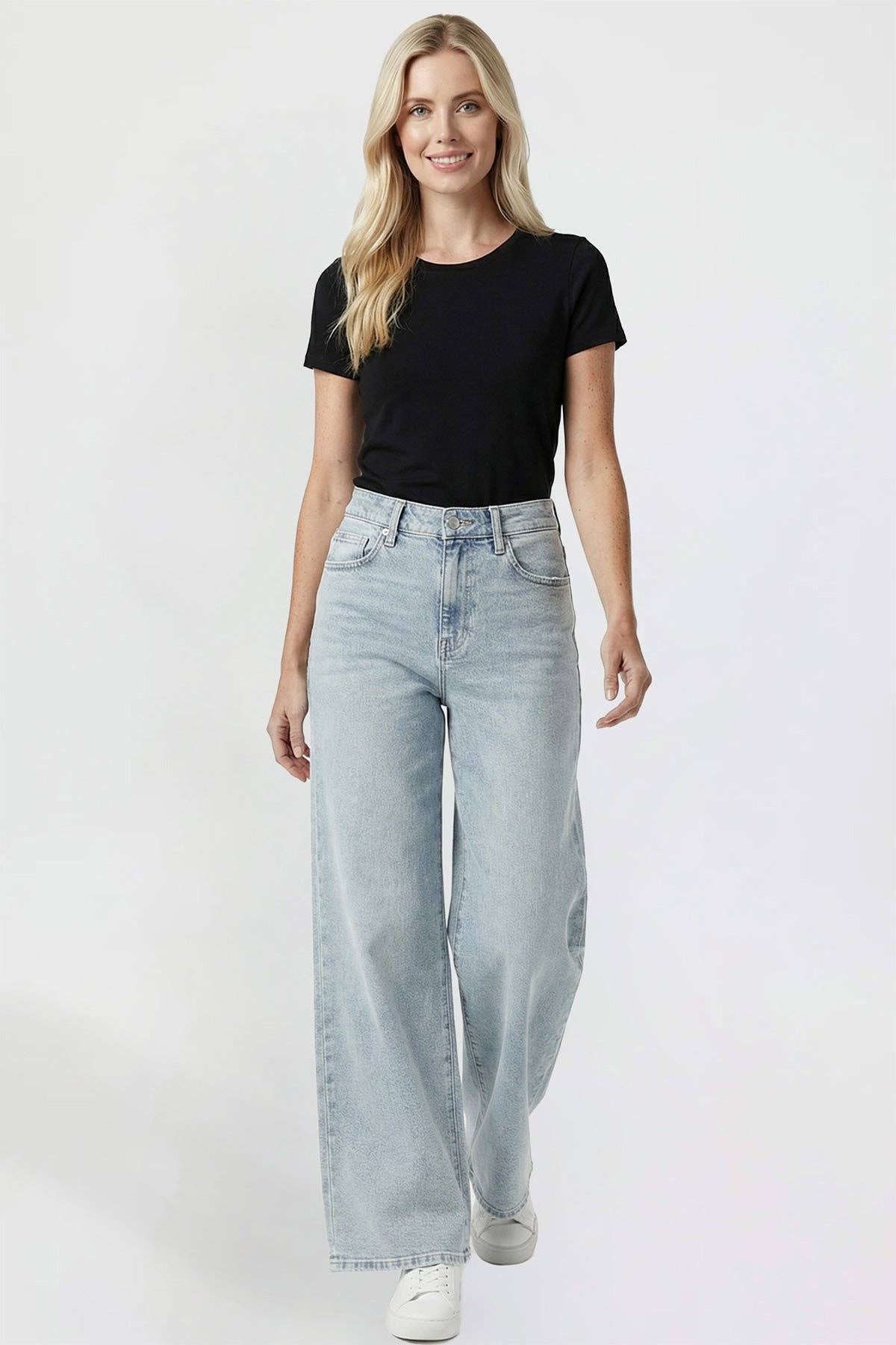 Kayla High Rise Wide Leg Jeans | YMI Premium Stretch Light Wash Denim