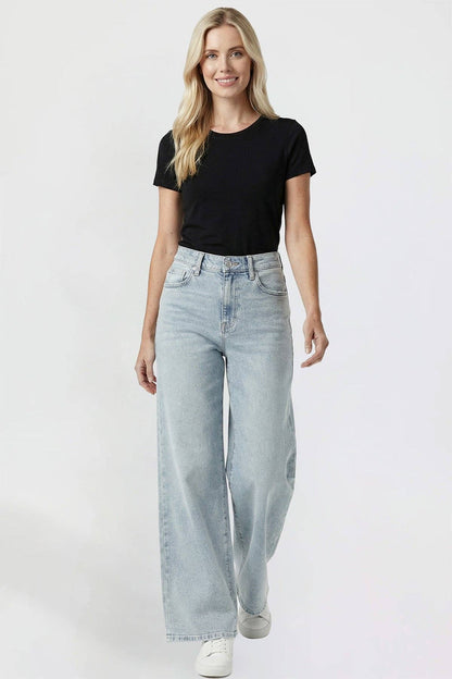 Kayla High Rise Wide Leg Jeans | YMI Premium Stretch Light Wash Denim