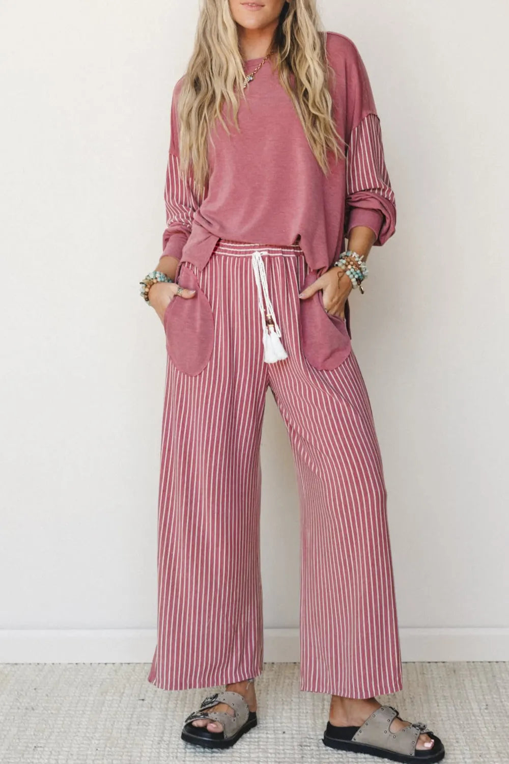 ~PREORDER~ Fuchsia Raw Seam Patchwork Top & Pocket Pants Set ~PREORDER~