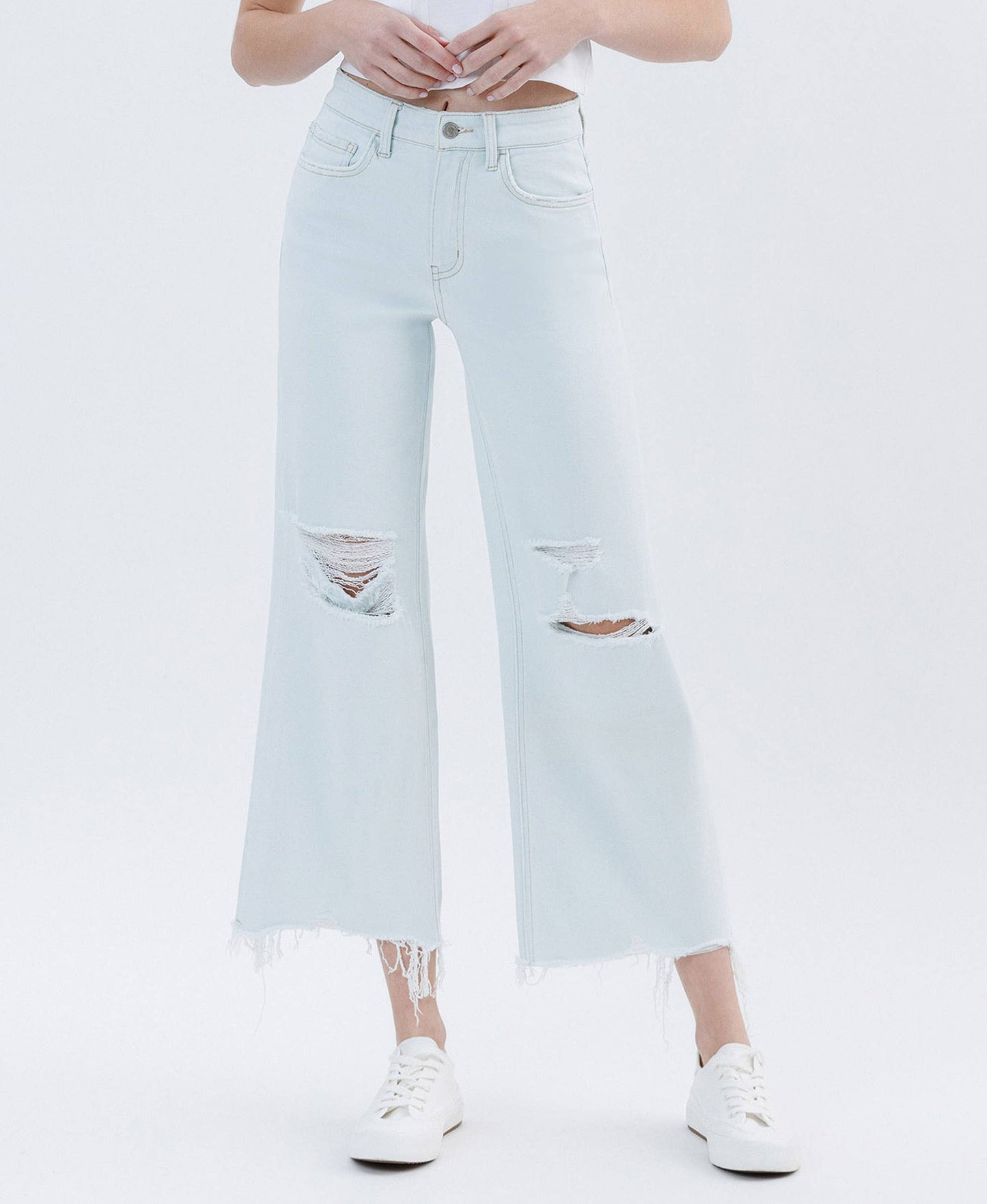 High Rise Distressed Crop Wide Leg Jeans – Frayed Hem Comfort Stretch Denim Vervet T6839