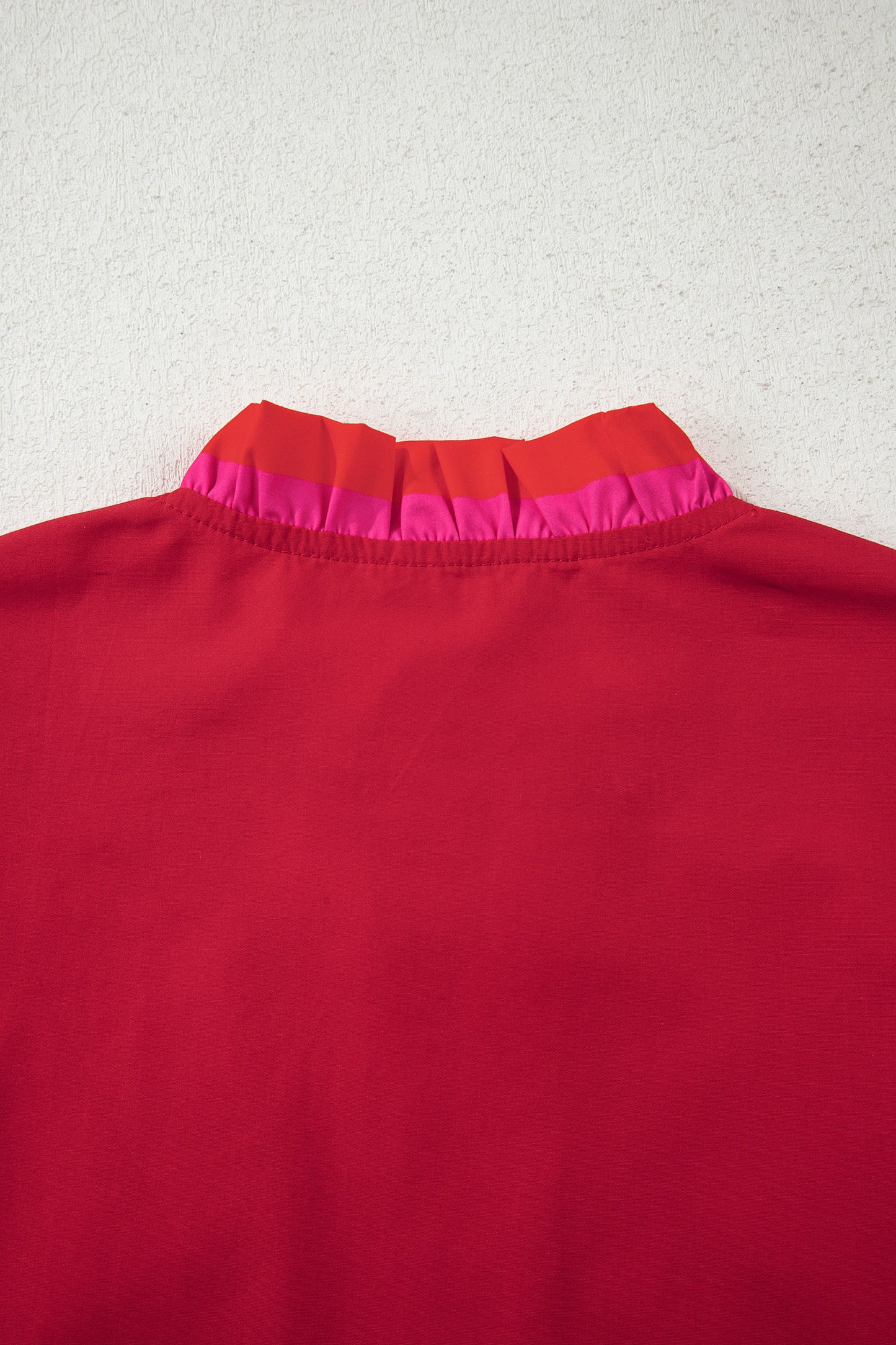 Fiery Red Ruffle Sleeve Blouse | Striped Trim Frill Collar Top