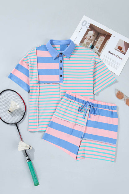 ~PREORDER ~ Pink Stripe Exposed Seam Patchwork Short Set ~PREORDER ~