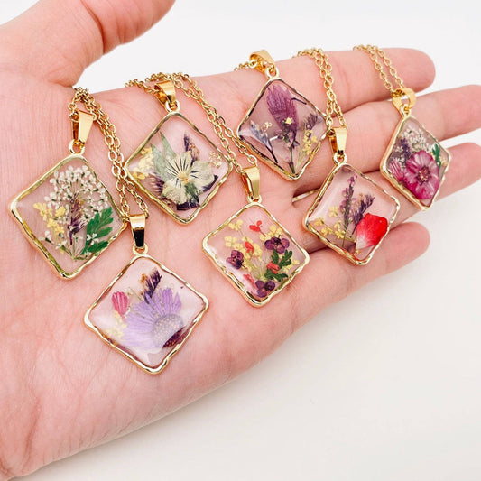 Floral Square Pendant Pressed Dried Flowers Necklace