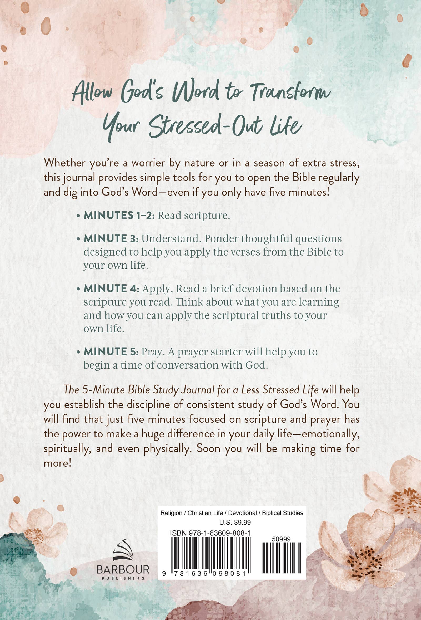 “The 5-Minute Bible Study Journal for a Less Stressed Life — front cover floral design”

“Inside pages showing daily devotional format: Read, Understand, Apply, Pray”

“Spiral bound devotional journal—pocket-friendly size”