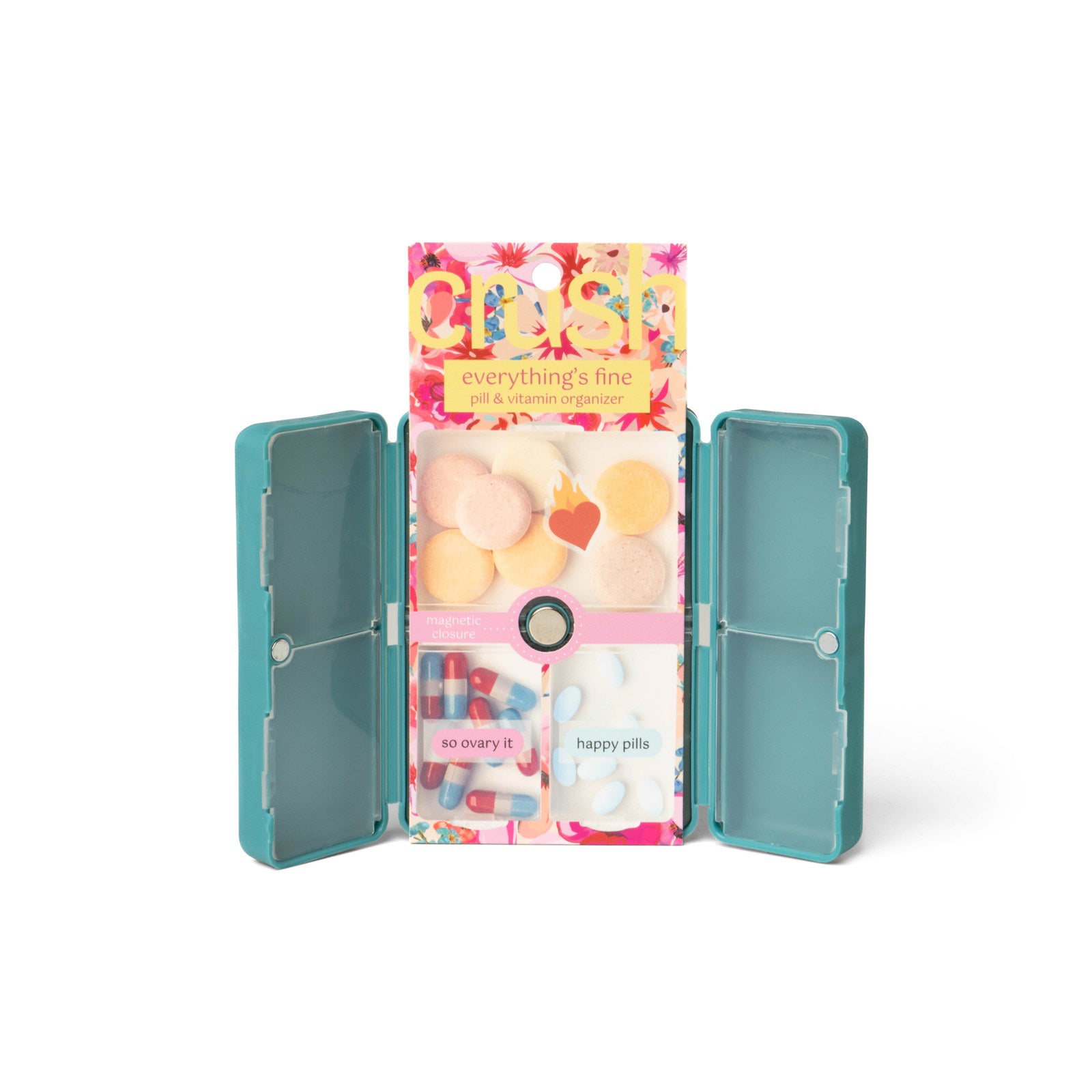 “Everything’s Fine pill and vitamin case with 8 compartments – B7 Boutique”

“Funny travel pill organizer with snap closure”

“Compact supplement case with bold text design”
