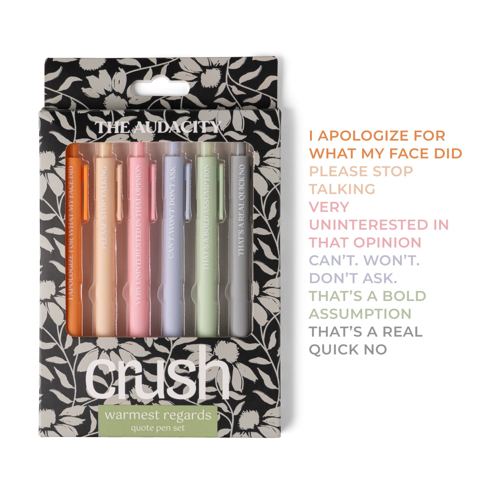 Packaged set of pens with colorful caps on a decorative background, featuring text.