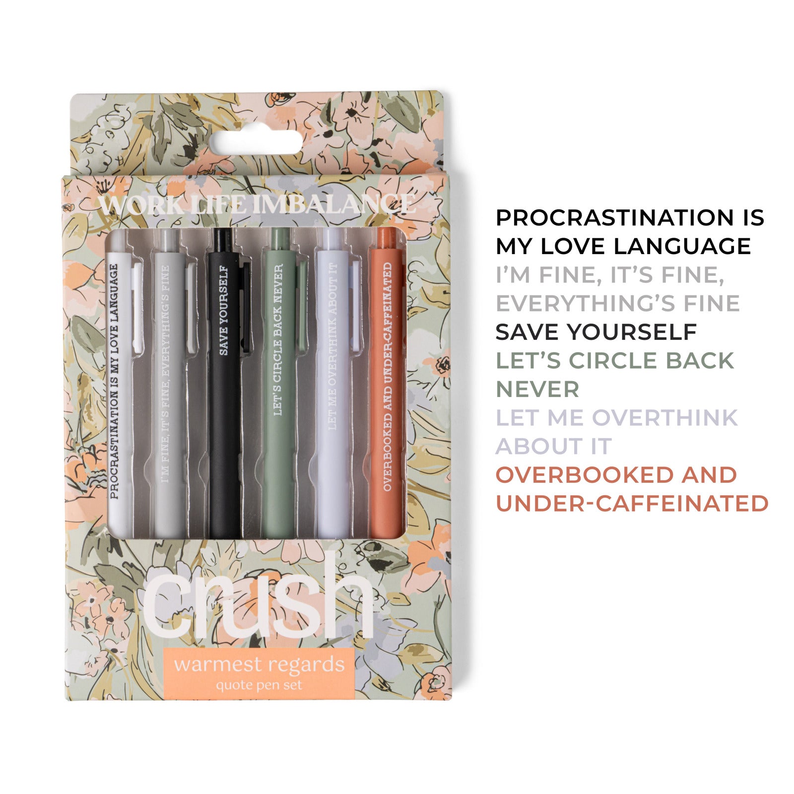 Packaging of 'crush' branded pens with motivational text on a white background