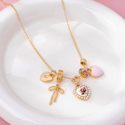 Rose Charm Cluster Necklace | Gold Plated Heart & Bow Necklace