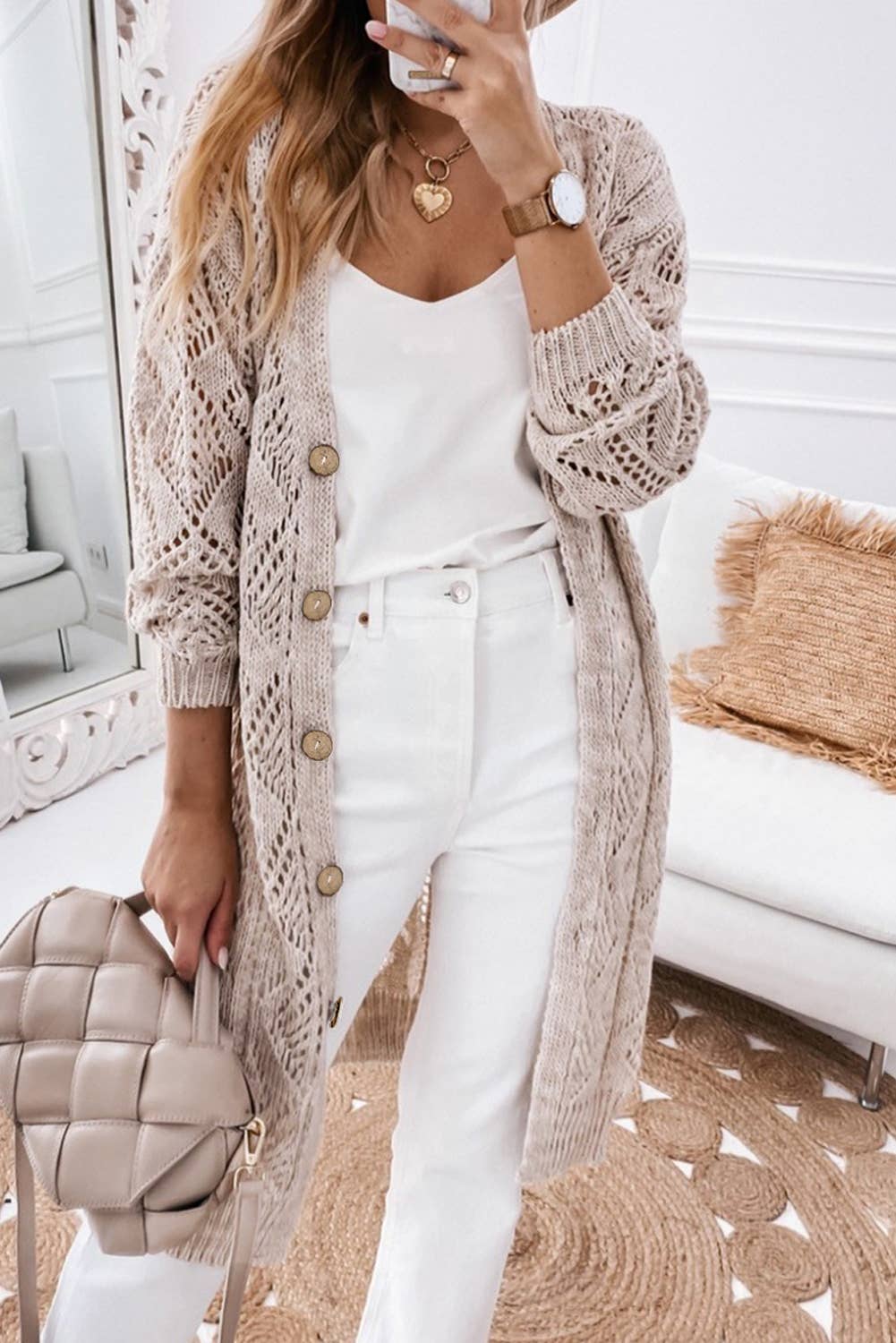 Khaki Hollow-out Openwork Knit Cardigan