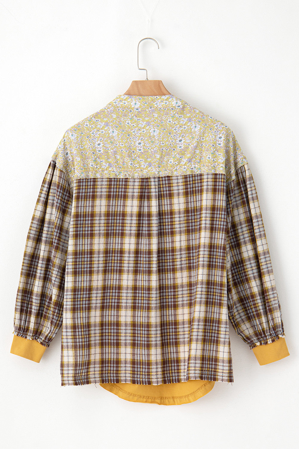 Yellow Floral-Plaid Patchwork Bishop-Sleeve Top – Mixed Print, Relaxed Fit