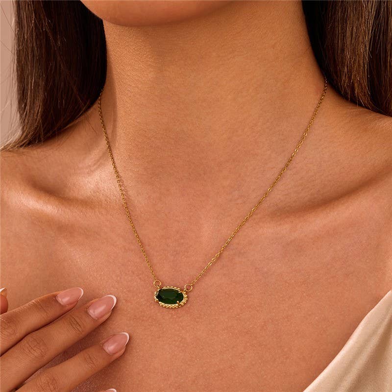 Emerald Glow Bezel Necklace | Gold Oval Gemstone Pendant Necklace