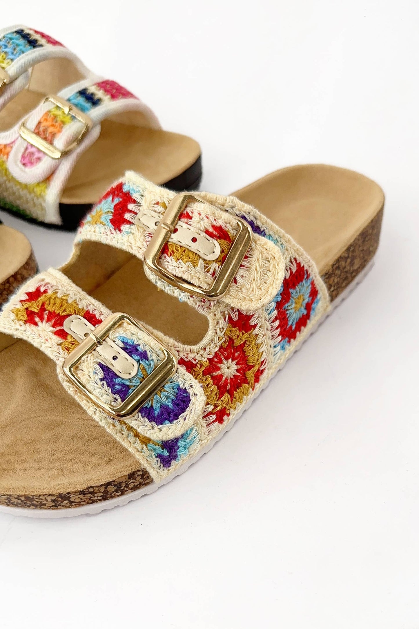 BACON COLORFUL CROCHET KNIT DOUBLE STRAP CORK SLIDE SANDAL