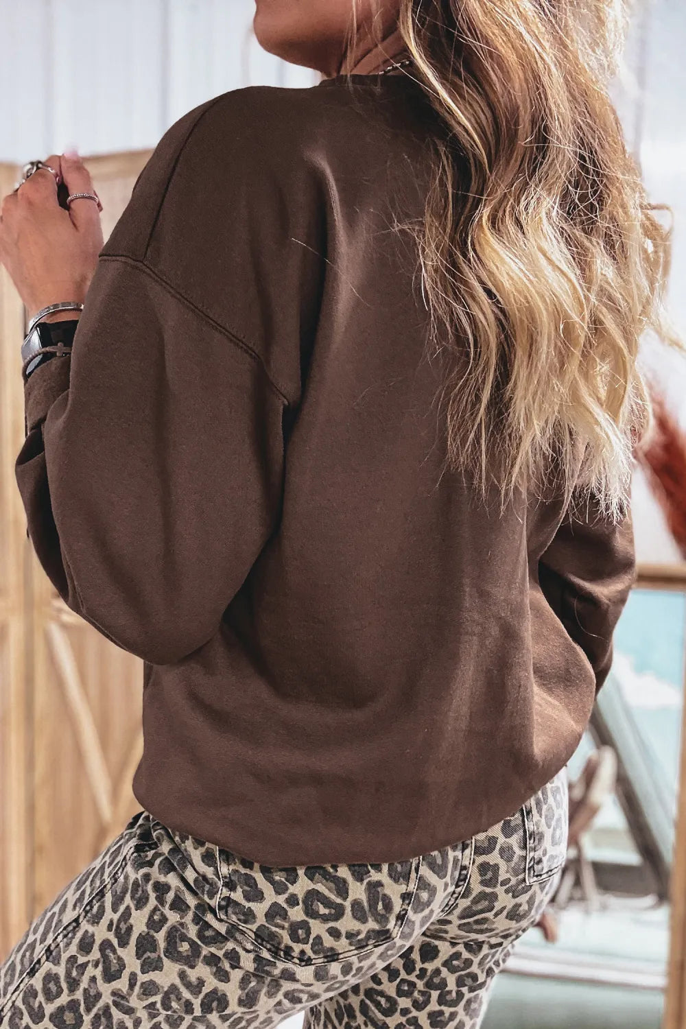Patchwork PRAY Graphic Sweatshirt | Brown Applique Faith Crewneck Pullover
