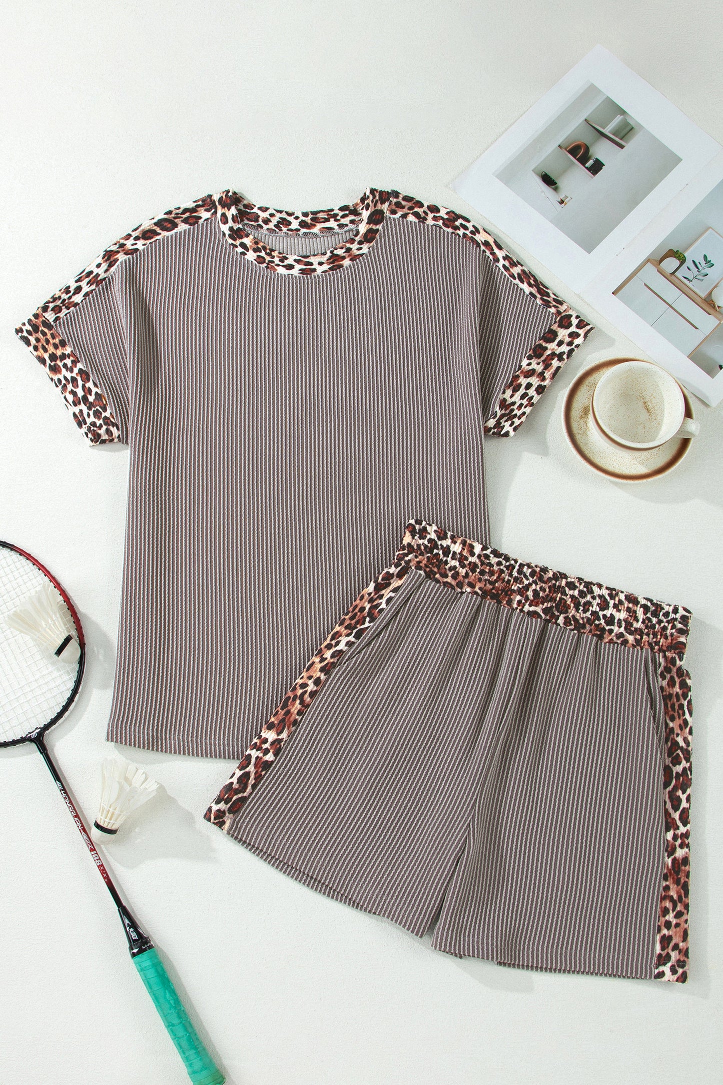 Too Cute to Stay In Set – Ribbed Leopard Trim Lounge Set