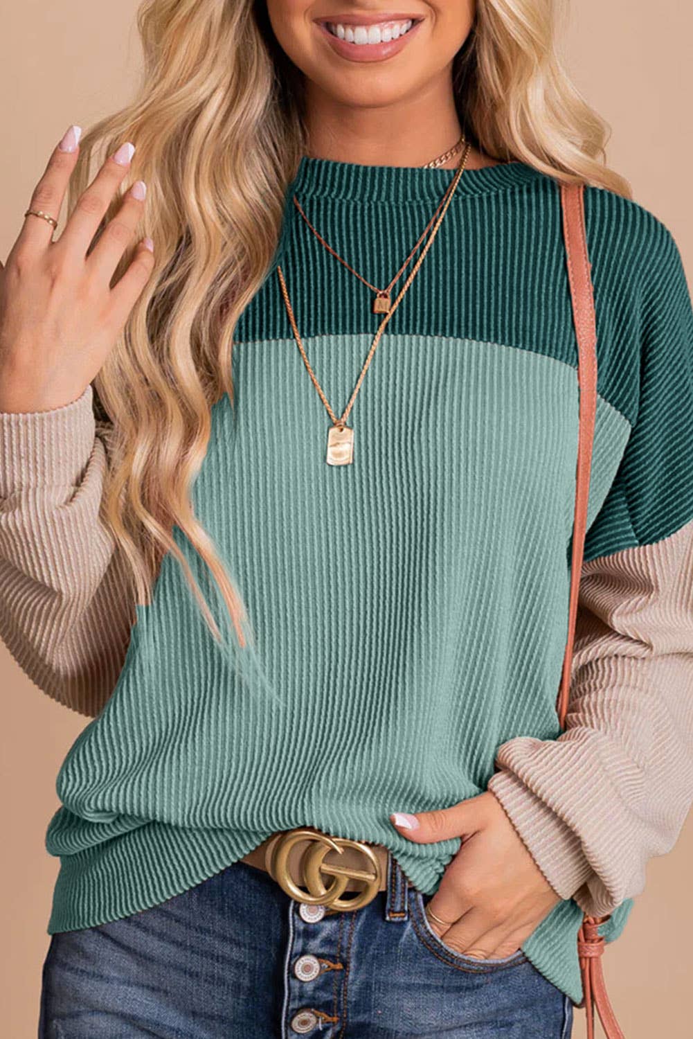 Color Block Long Sleeve Ribbed Loose Top