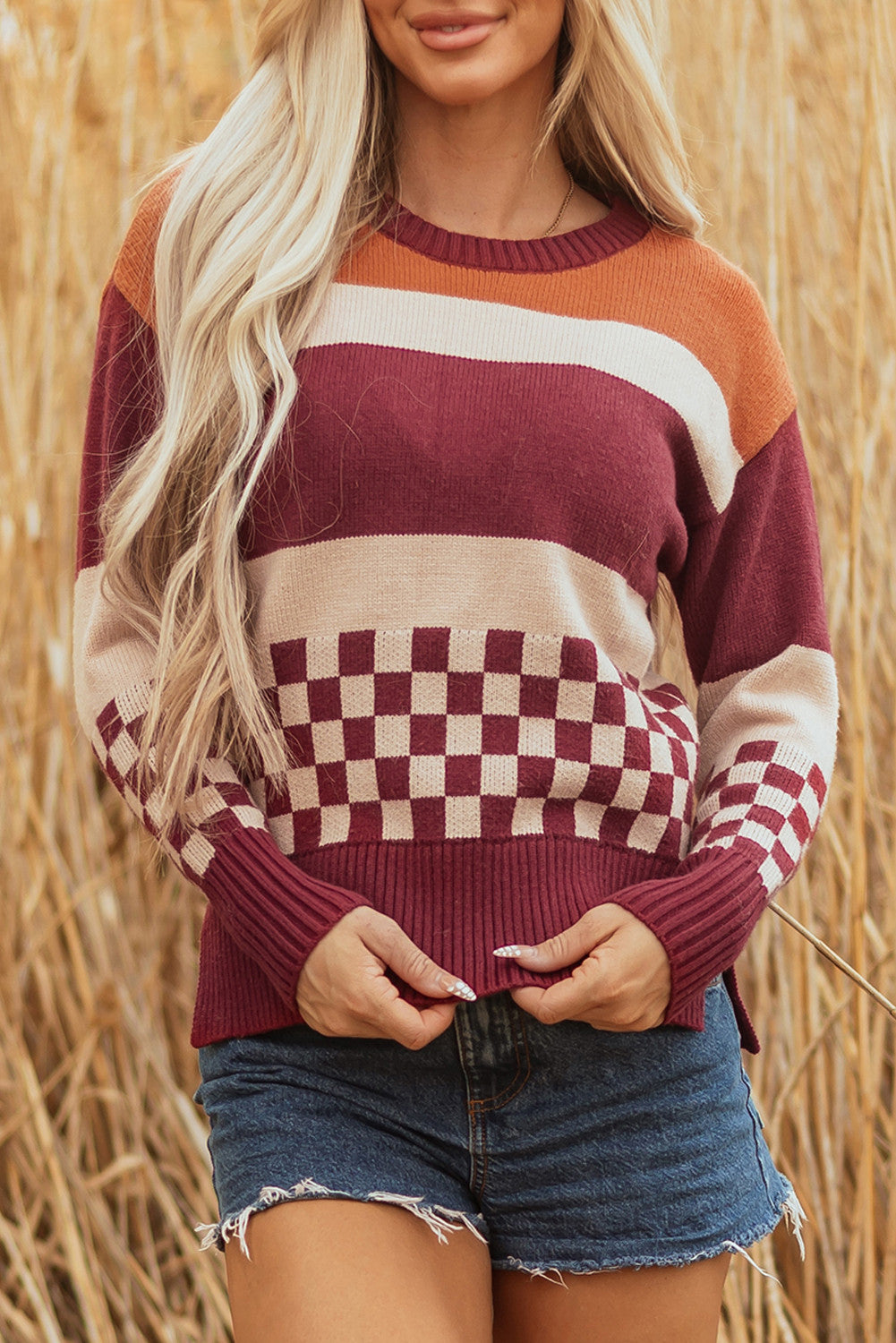 Brown Checkered Color Block Sweater | Cozy Fall Knit