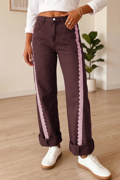 ~PREORDER~ Sweet Side of Denim Coffee & Pink Lace Trim Jeans ~PREORDER~