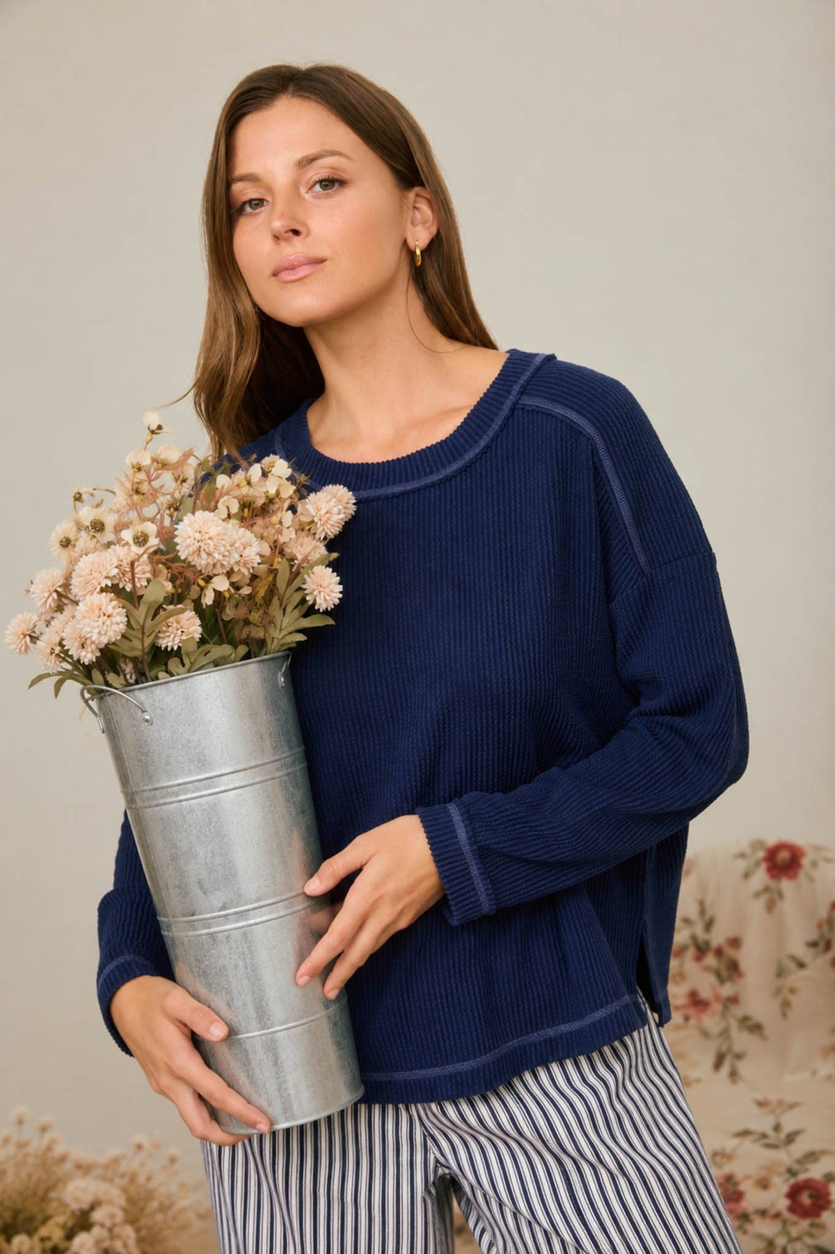 Navy Days Ribbed Knit Top | Exposed Seam Relaxed Long Sleeve Pullover