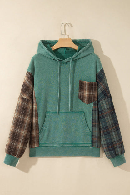 Evergreen Plaid Pocket Hoodie | Smoke Green Colorblock Pullover