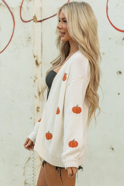 ~PREORDER~ White Pumpkin Print Open Front Drop Shoulder Midi Cardigan ~PREORDER~
