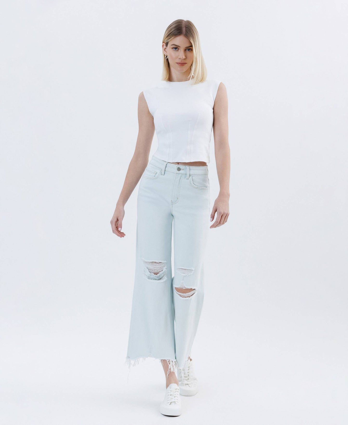 High Rise Distressed Crop Wide Leg Jeans – Frayed Hem Comfort Stretch Denim Vervet T6839