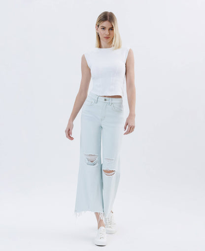 High Rise Distressed Crop Wide Leg Jeans – Frayed Hem Comfort Stretch Denim Vervet T6839