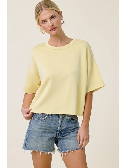 Boxy Short Sleeve Scuba Knit Top – Cropped Relaxed Fit Structured Scuba Shirt