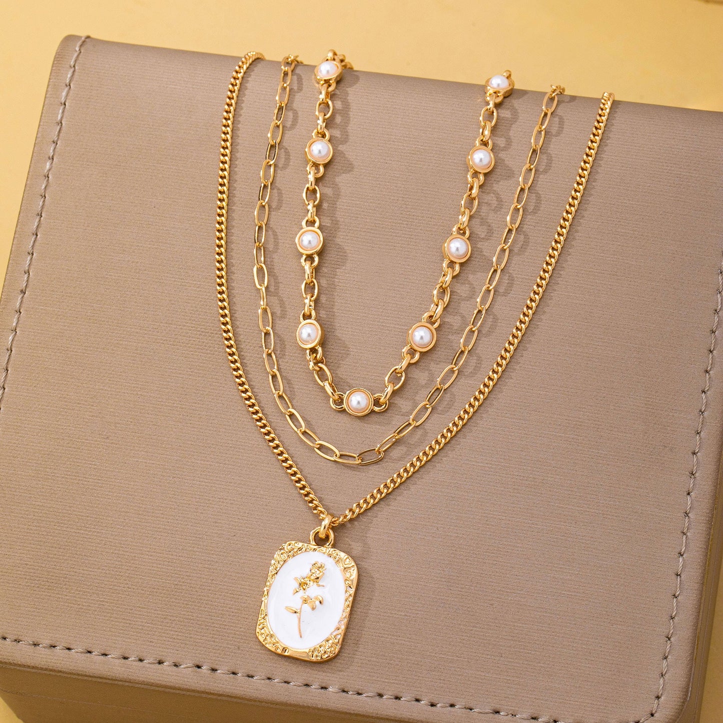 Vintage Rose Layered Necklace | Gold Pearl & Enamel Pendant Necklace