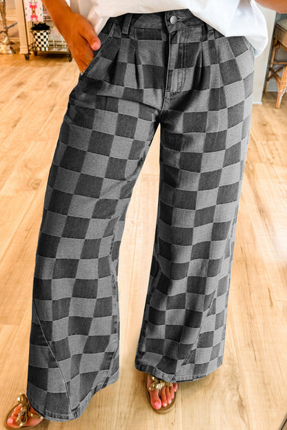 ~PREORDER ~ Dark Grey Checkered Denim Wide Leg Jeans ~PREORDER ~