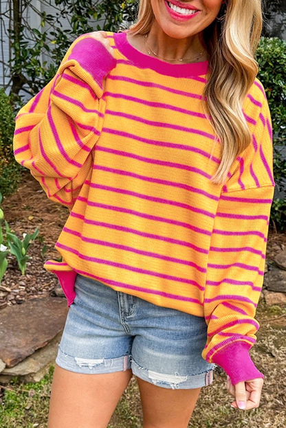 Stripe Trimmed Round Neck Drop Shoulder Sweater – Relaxed Fit Striped Knit