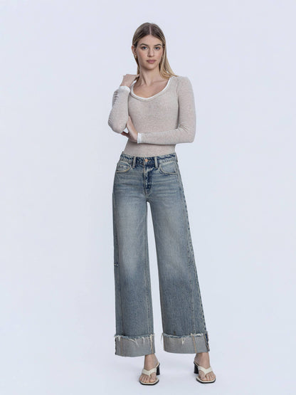 Vervet Tinted Cuff Wide Leg Jeans | High Rise Full Length Denim T7326