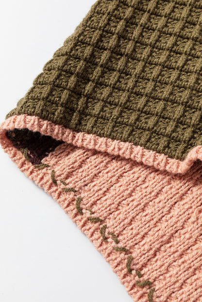Orange Color-Block Waffle-Knit Mock-Neck Sweater – Drawstring Detail
