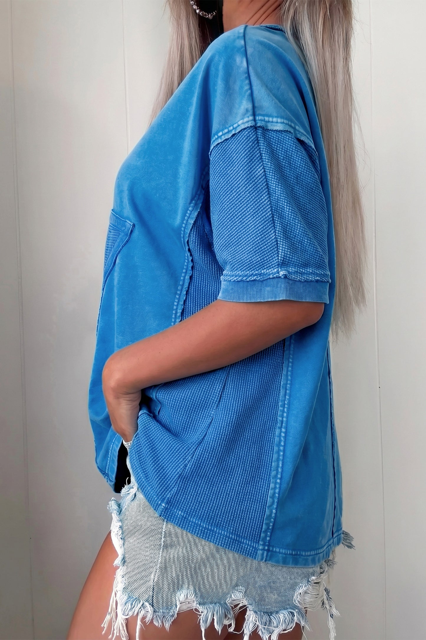 ~PREORDER ~ Blue Mineral Wash Star Mesh Patchwork Oversize Tee ~PREORDER ~
