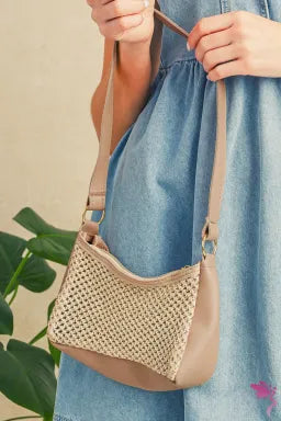 Khaki Straw Woven Leather Patchwork Shoulder Bag