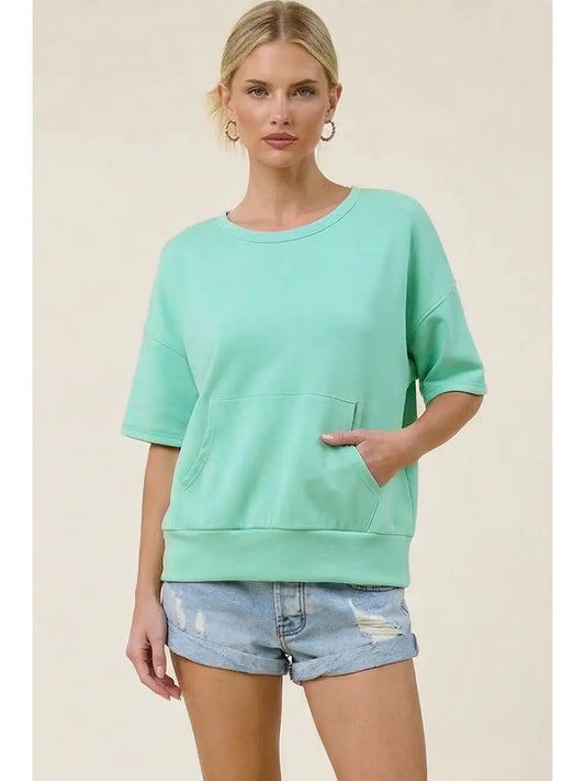 Athleisure Scuba Short Sleeve Top with Kangaroo Pocket – Relaxed Fit Charlotte Avery Top