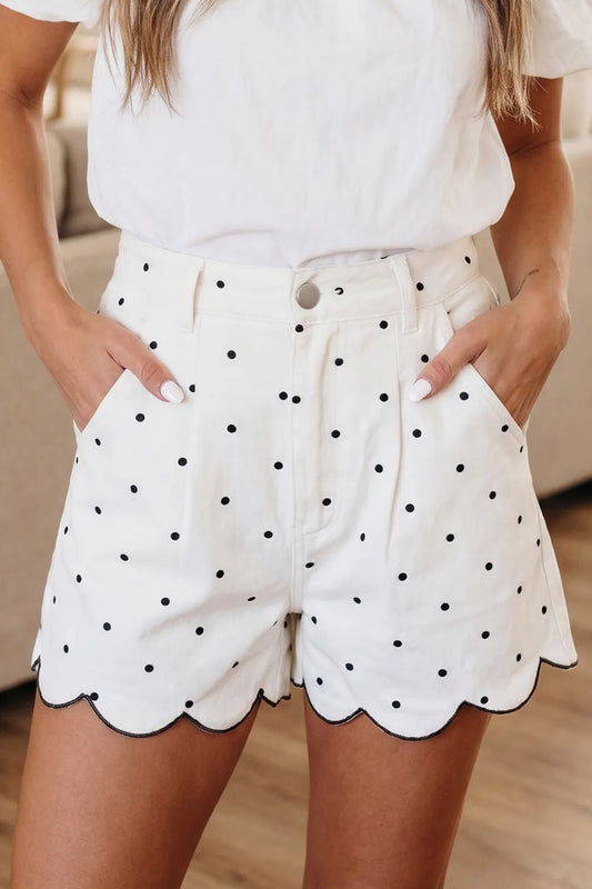 ~PREORDER~ White Polka Dot Embroidered Scallop Hem Shorts ~PREORDER~