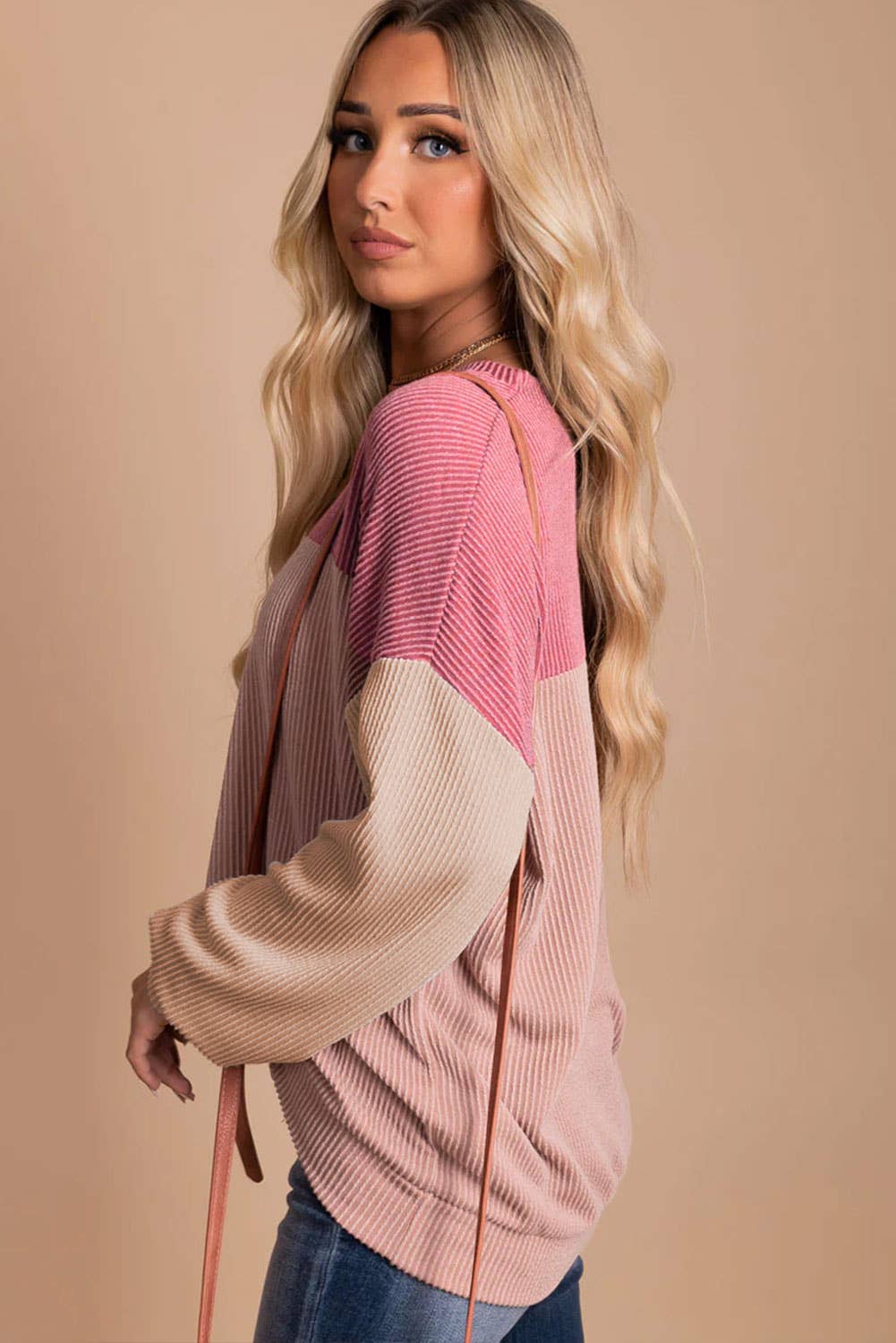 Color Block Long Sleeve Ribbed Loose Top