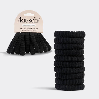 Recycled Fabric Ribbed Hair Elastics 10pc Set - Black by kitsch
