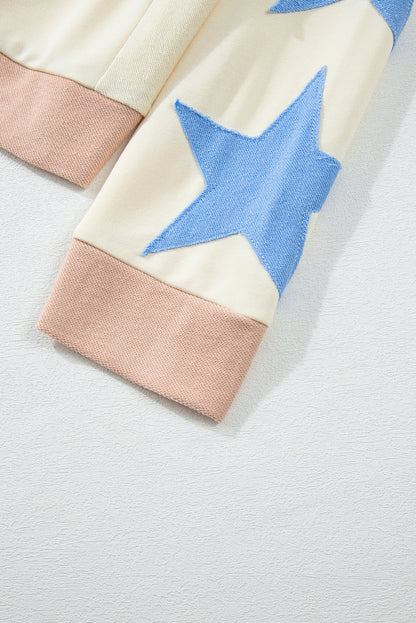 Beige Star Contrast Patchwork Long-Sleeve Top – Relaxed Fit with Exposed Seams