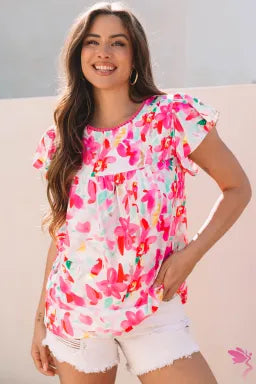 “Blush rose floral print blouse with flutter sleeves”
“Round neck casual rose print top for women”
“Femininely draped floral blouse with flutter sleeve”